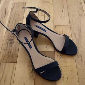 NWT Stuart Weitzman Nearlynude Strappy Platform Heels in Woven Blue Denim 8
